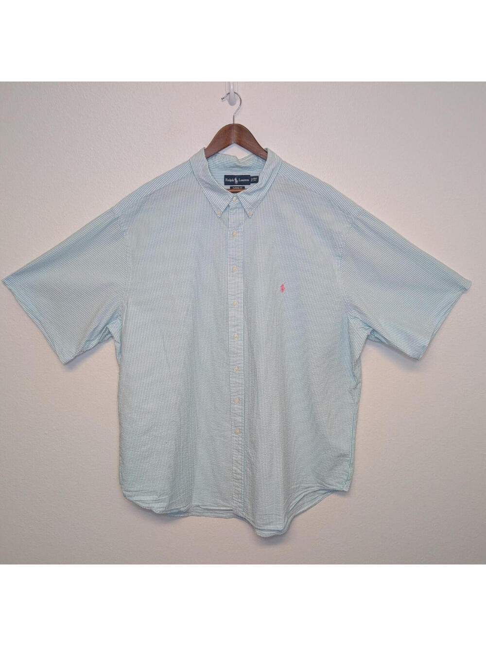 Ralph Lauren Polo Seersucker Shirt Men’s 4XLT Light Blue Striped Short Sleeve